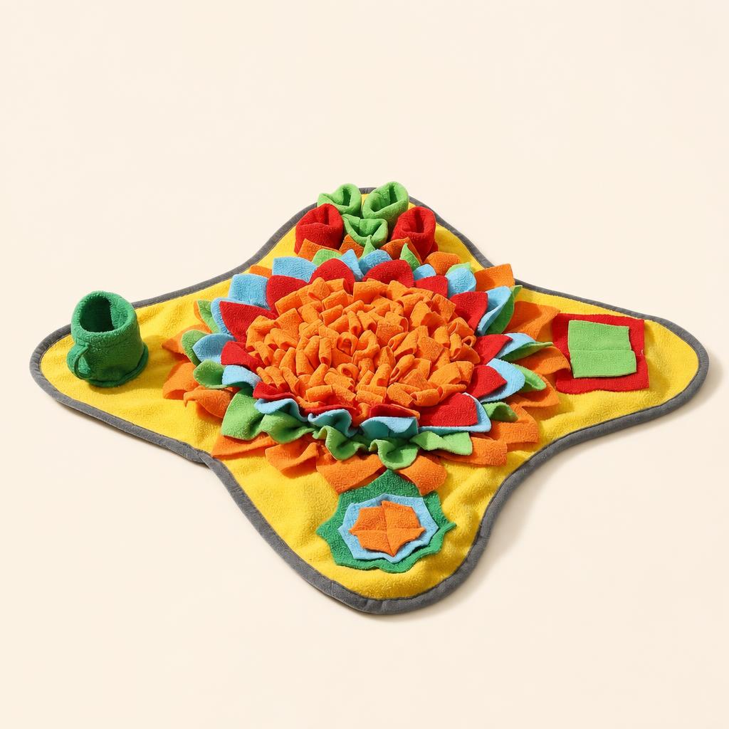 Peek Snuffle Mat in Marigold — yellow base with orange flower centre